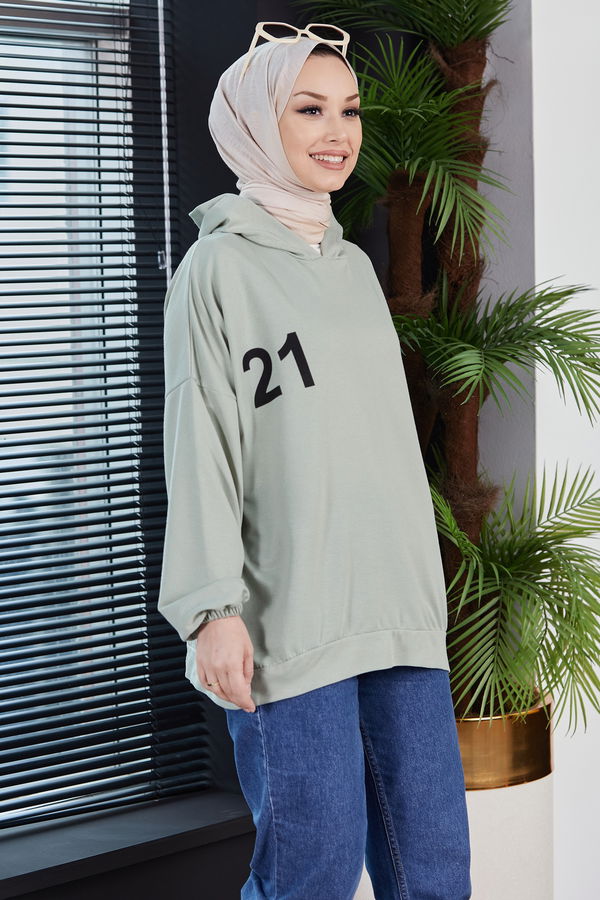 Düz Kapsonlu Yaka Kadın Yeşil Sweat - 10753 YEŞİL