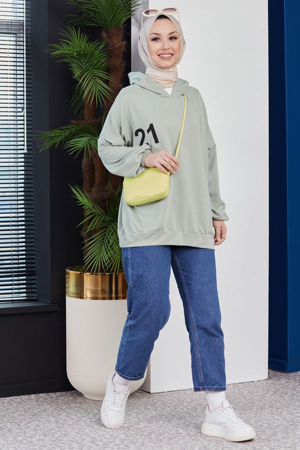 Düz Kapsonlu Yaka Kadın Yeşil Sweat - 10753 YEŞİL