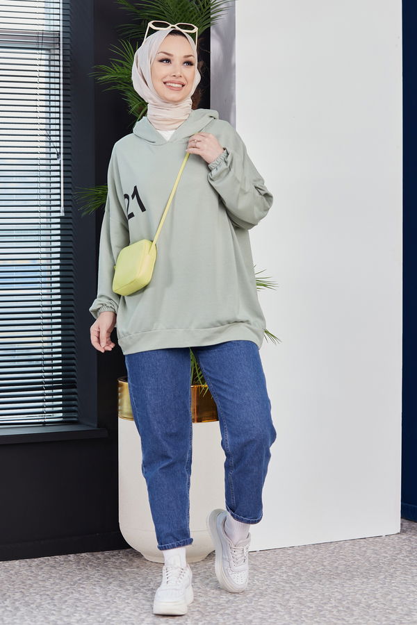 Düz Kapsonlu Yaka Kadın Yeşil Sweat - 10753 YEŞİL