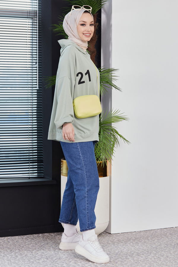 Düz Kapsonlu Yaka Kadın Yeşil Sweat - 10753 YEŞİL