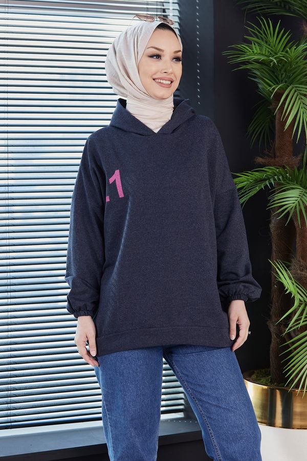 Düz Kapsonlu Yaka Kadın Mavi Sweat - 10753
