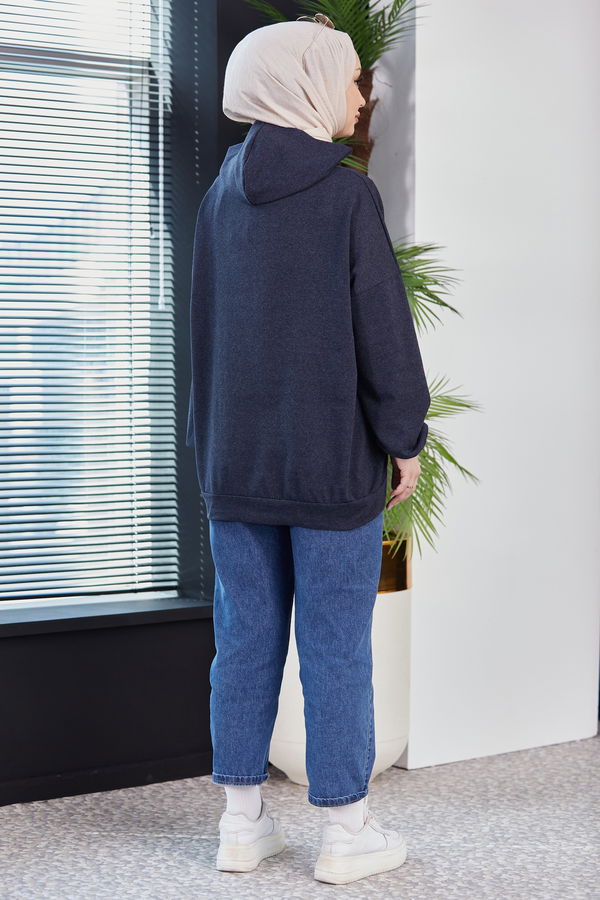 Düz Kapsonlu Yaka Kadın Mavi Sweat - 10753