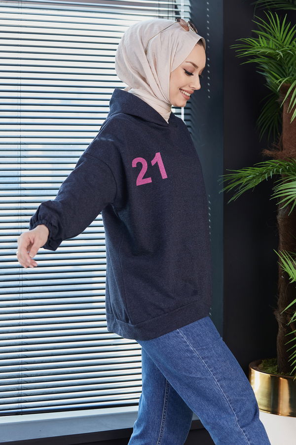 Düz Kapsonlu Yaka Kadın Mavi Sweat - 10753