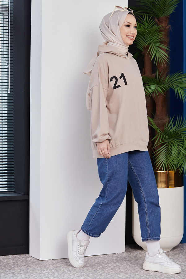 Düz Kapsonlu Yaka Kadın Bej Sweat - 10753 BEJ