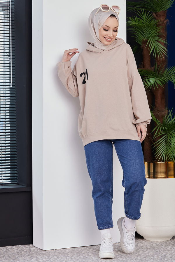 Düz Kapsonlu Yaka Kadın Bej Sweat - 10753 BEJ