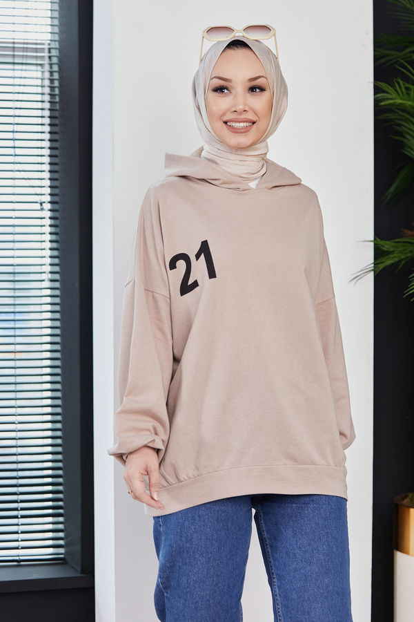 Düz Kapsonlu Yaka Kadın Bej Sweat - 10753 BEJ