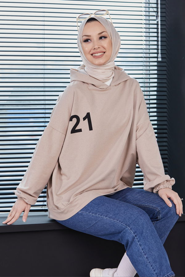 Düz Kapsonlu Yaka Kadın Bej Sweat - 10753 BEJ