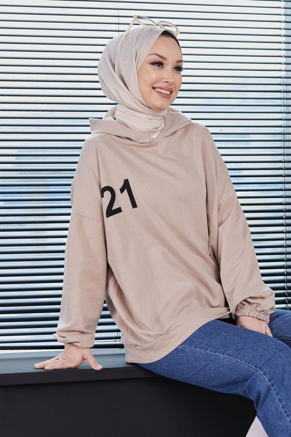 Düz Kapsonlu Yaka Kadın Bej Sweat - 10753 BEJ