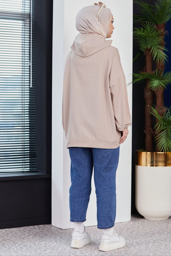 Düz Kapsonlu Yaka Kadın Bej Sweat - 10753 BEJ