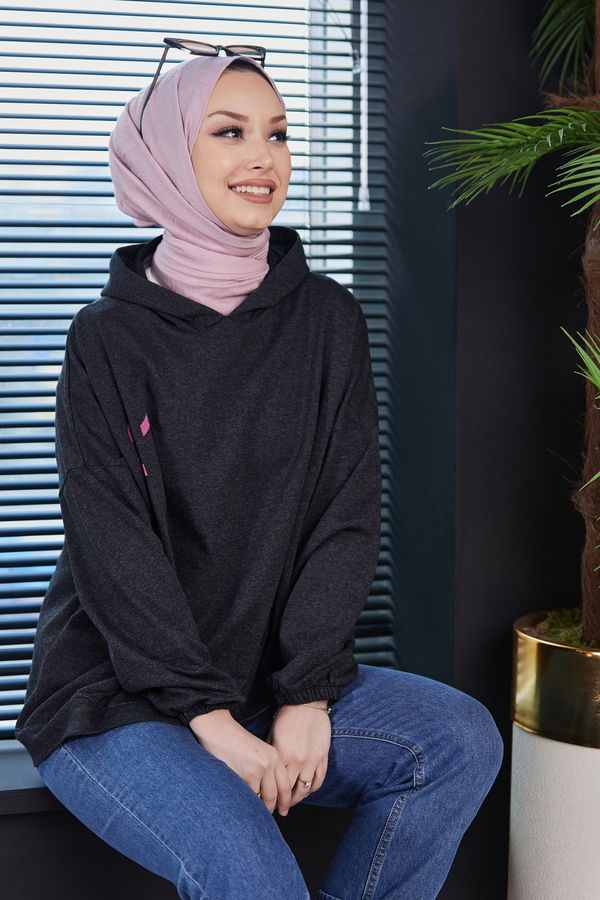 Düz Kapsonlu Yaka Kadın Antrasit Sweat - 10753 ANTRASİT