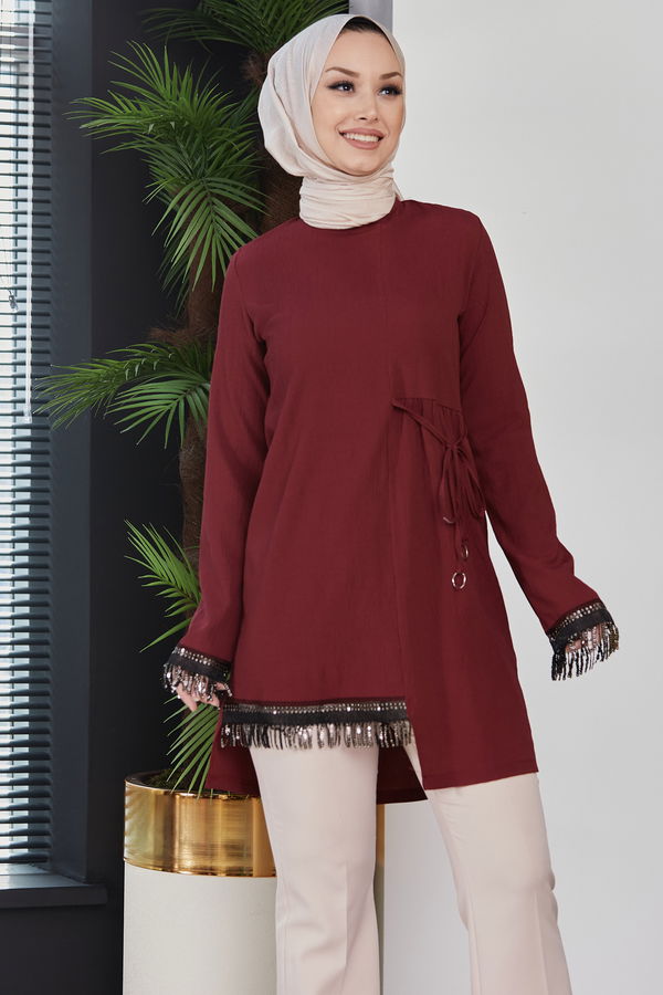 Düz Bisiklet Yaka Kadın Bordo Tunik - 10751 BORDO