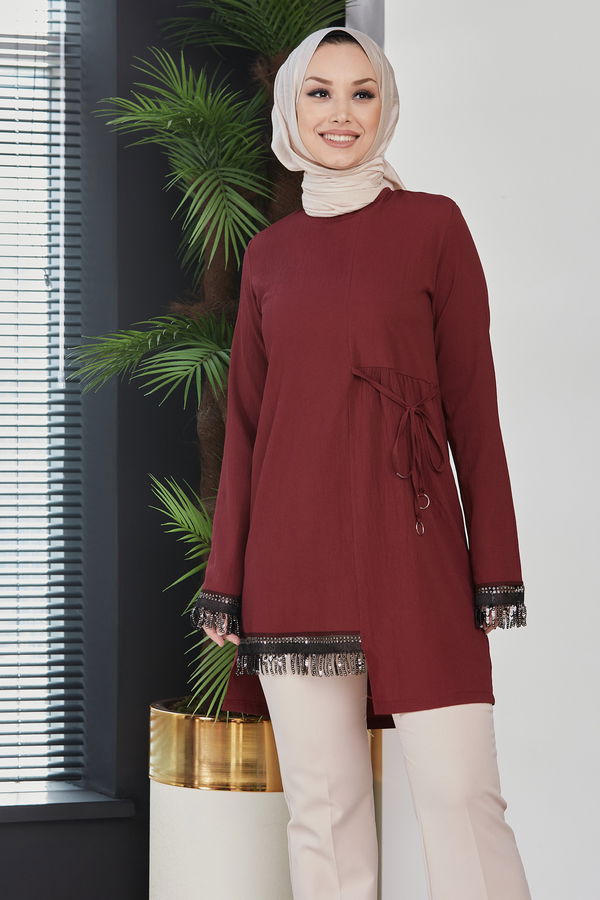 Düz Bisiklet Yaka Kadın Bordo Tunik - 10751 BORDO