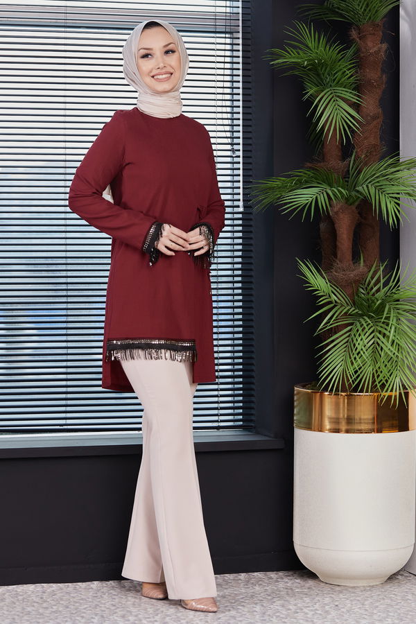 Düz Bisiklet Yaka Kadın Bordo Tunik - 10751 BORDO