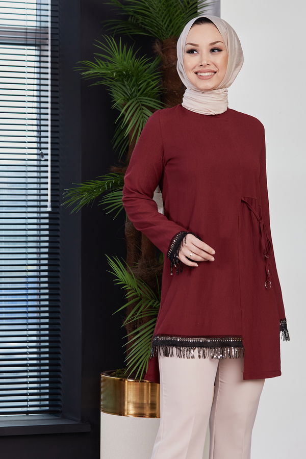 Düz Bisiklet Yaka Kadın Bordo Tunik - 10751 BORDO