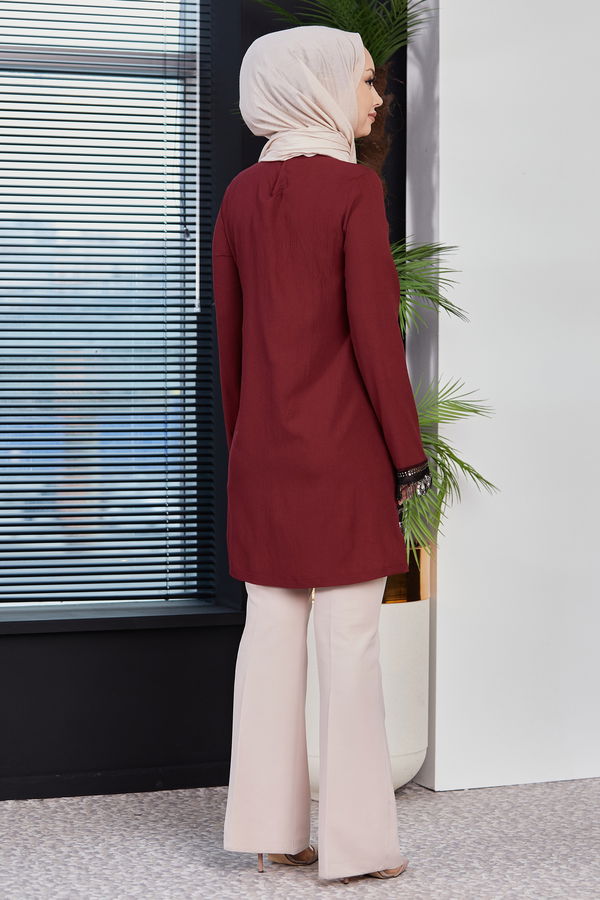 Düz Bisiklet Yaka Kadın Bordo Tunik - 10751 BORDO