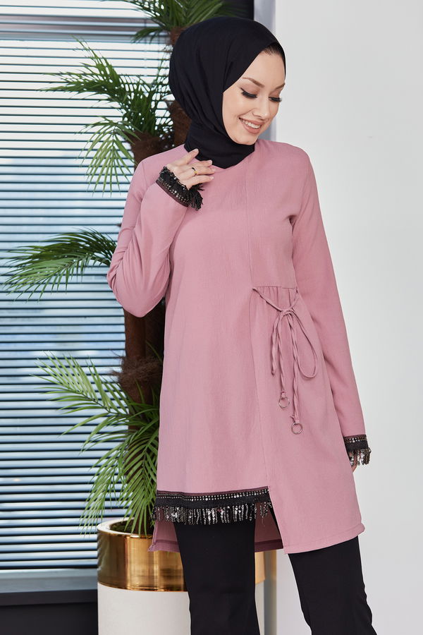 Düz Bisiklet Yaka Kadın Pembe Tunik - 10751