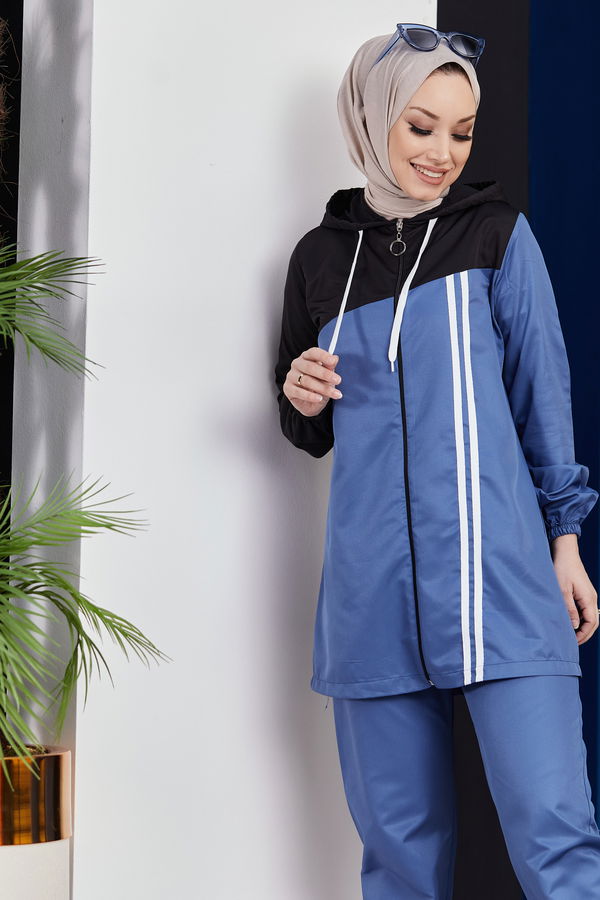 Düz Kapsonlu Yaka Kadın Mavi Tunik Pantolon - 10504 MAVİ