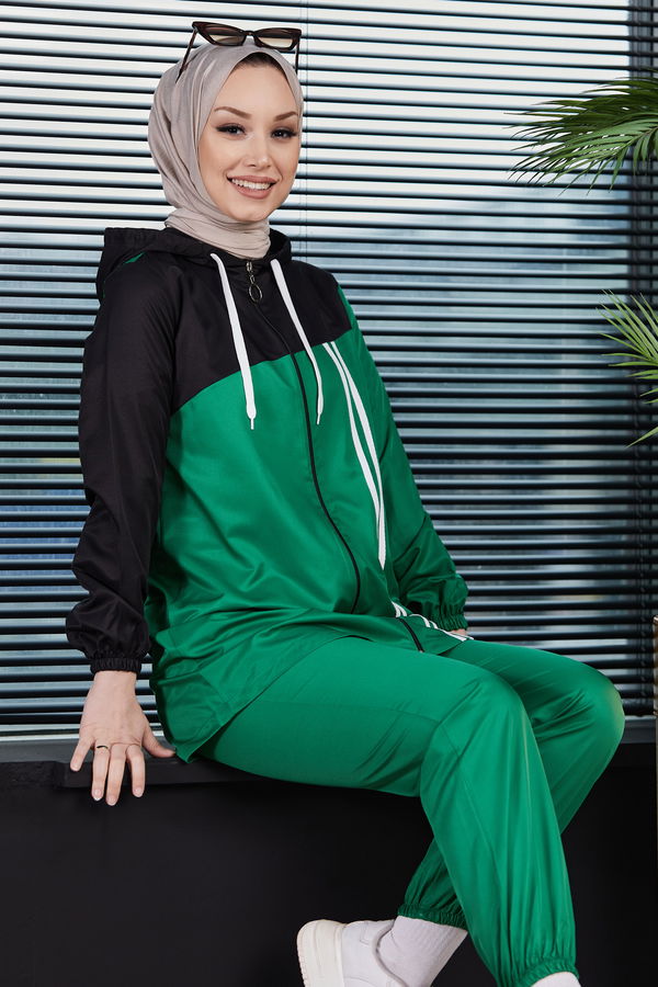 Düz Kapsonlu Yaka Kadın Yeşil Tunik Pantolon - 10504 YEŞİL
