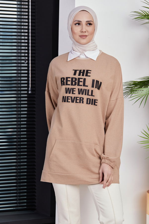 Düz Orta Kadın Bej TUNIK - 3358