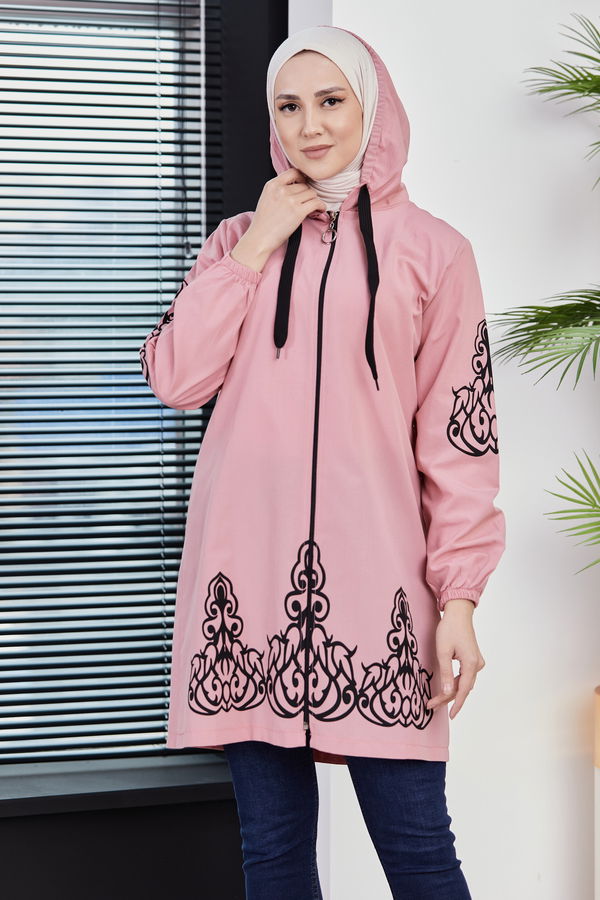 Düz Kapsonlu Yaka Kadın Pembe BASKILI TUNIK - 3729 PEMBE