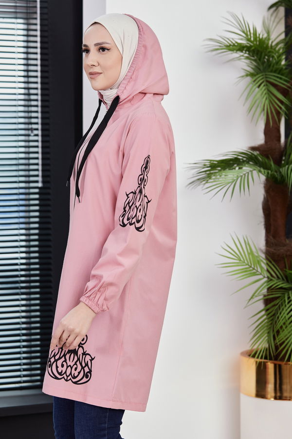 Düz Kapsonlu Yaka Kadın Pembe BASKILI TUNIK - 3729 PEMBE