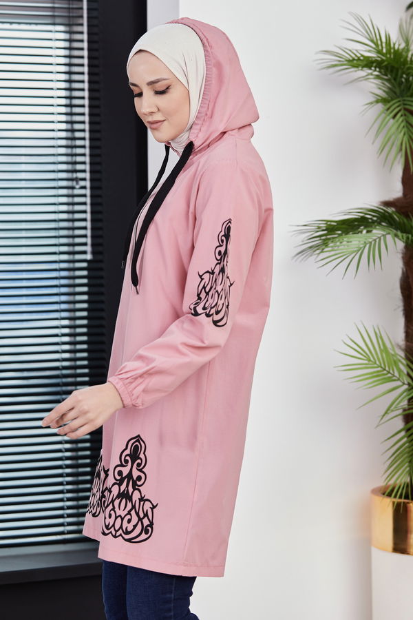 Düz Kapsonlu Yaka Kadın Pembe BASKILI TUNIK - 3729 PEMBE