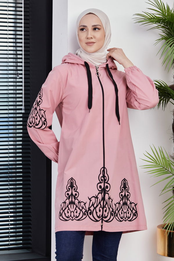 Düz Kapsonlu Yaka Kadın Pembe BASKILI TUNIK - 3729 PEMBE