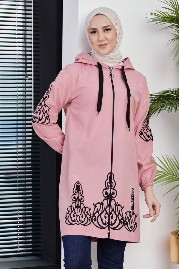 Düz Kapsonlu Yaka Kadın Pembe BASKILI TUNIK - 3729 PEMBE