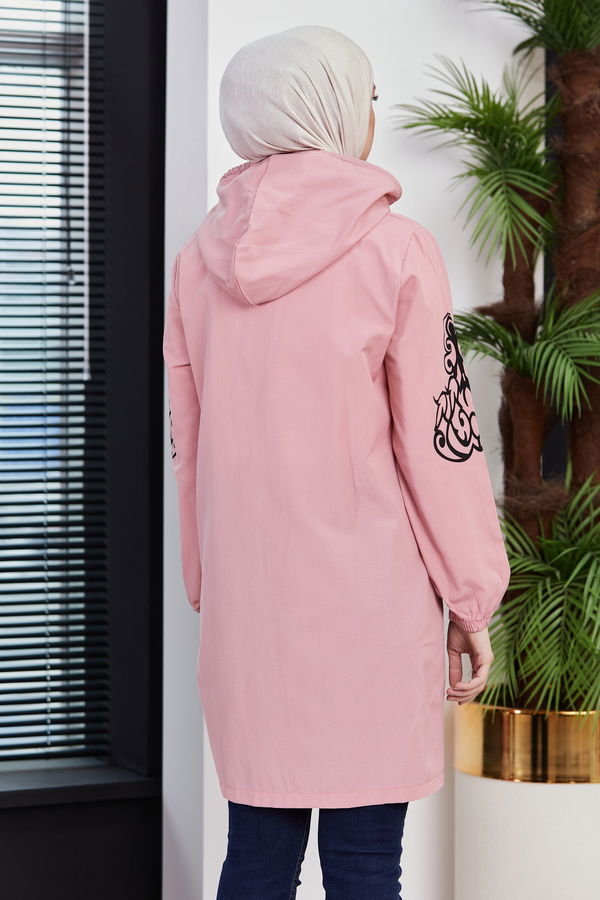 Düz Kapsonlu Yaka Kadın Pembe BASKILI TUNIK - 3729 PEMBE