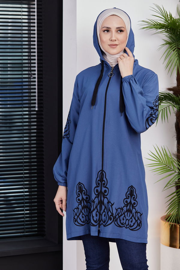 Düz Orta Kadın Mavi Baskılı Tunik - 3729 MAVİ