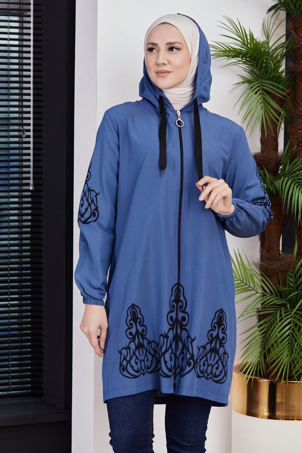 Düz Orta Kadın Mavi Baskılı Tunik - 3729 MAVİ