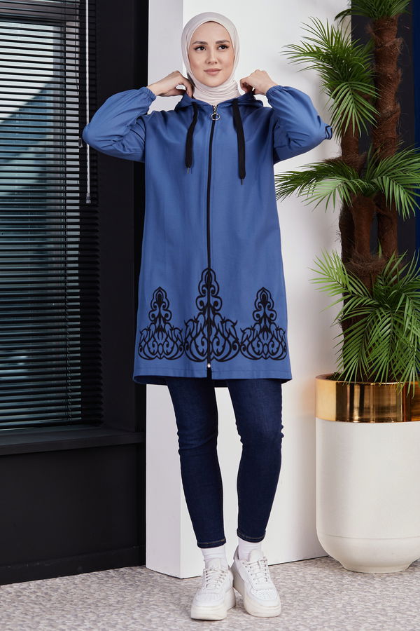 Düz Orta Kadın Mavi Baskılı Tunik - 3729 MAVİ