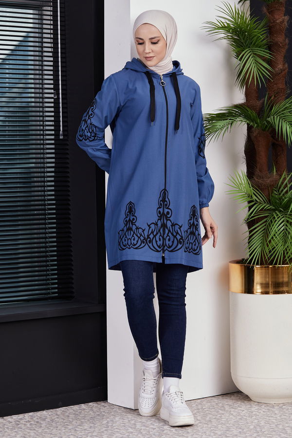 Düz Orta Kadın Mavi Baskılı Tunik - 3729 MAVİ