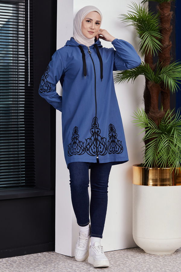 Düz Orta Kadın Mavi Baskılı Tunik - 3729 MAVİ