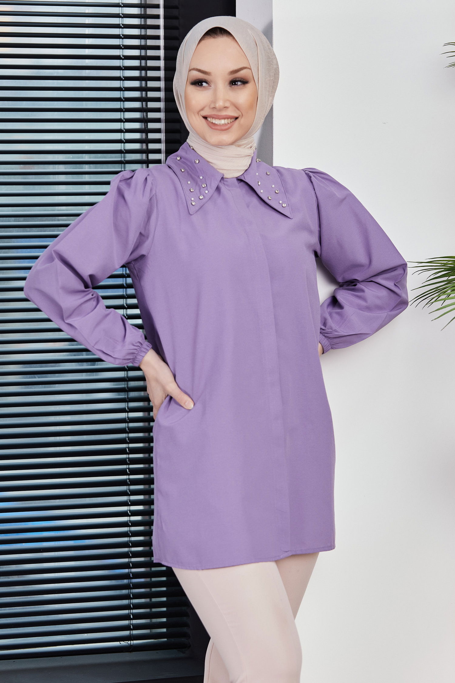 Düz Gömlek Yaka Kadın Lila Gömlek - 10757 LİLA