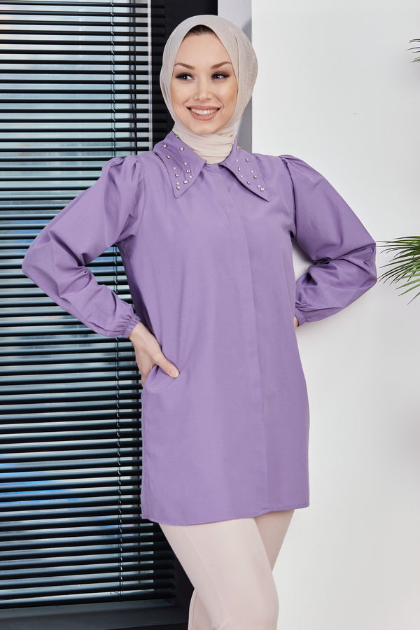 Düz Gömlek Yaka Kadın Lila Gömlek - 10757 LİLA