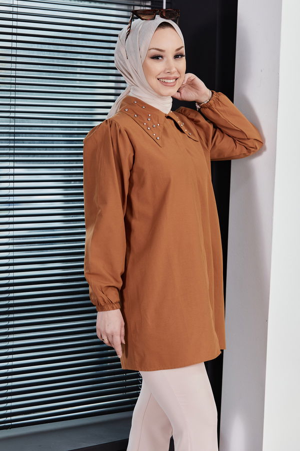 Düz Gömlek Yaka Kadın Taba Gömlek - 10757 TABA