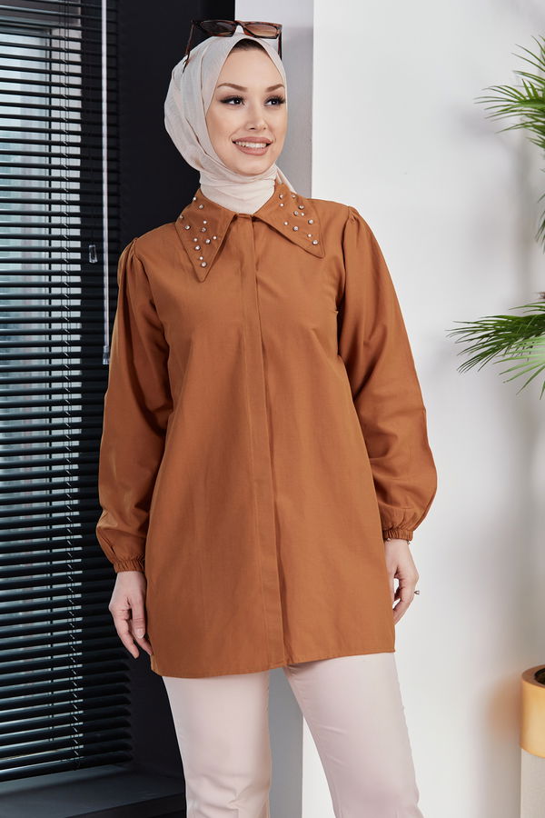Düz Gömlek Yaka Kadın Taba Gömlek - 10757 TABA