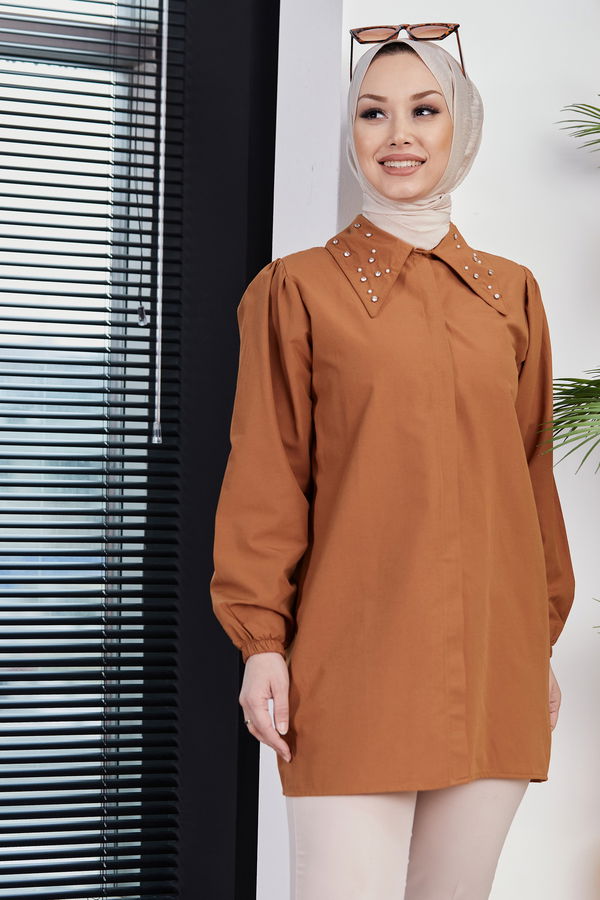 Düz Gömlek Yaka Kadın Taba Gömlek - 10757 TABA
