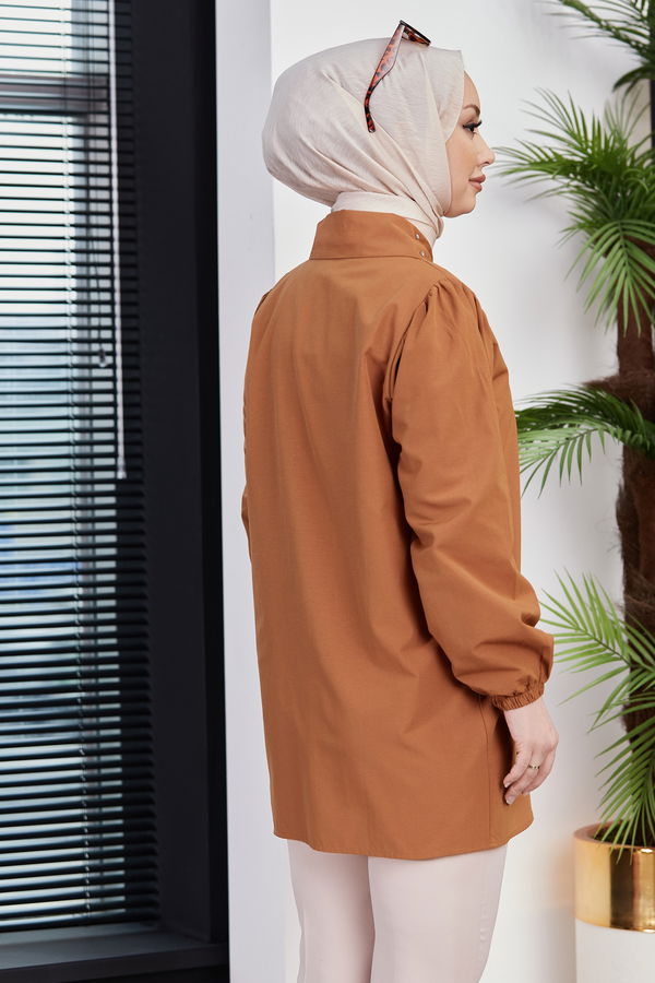 Düz Gömlek Yaka Kadın Taba Gömlek - 10757 TABA