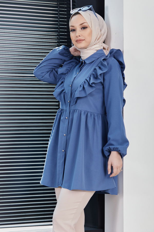 Düz Gömlek Yaka Kadın Mavi TUNIK - 3578 MAVİ