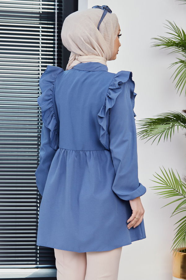 Düz Gömlek Yaka Kadın Mavi TUNIK - 3578 MAVİ