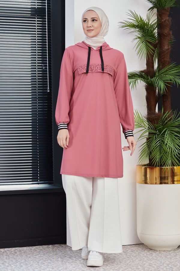 Düz Orta Kadın Pembe KAPSONLU TUNIK - 3750