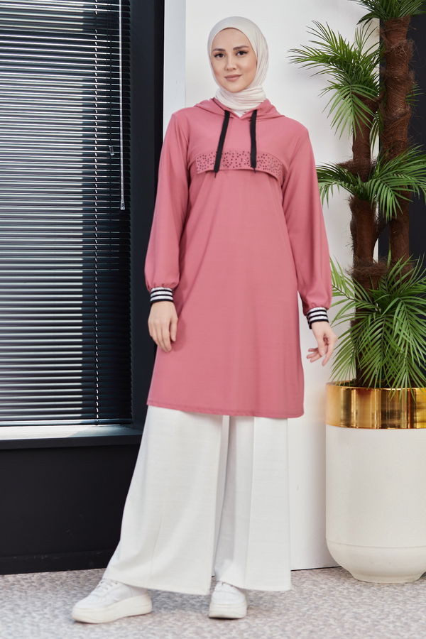 Düz Orta Kadın Pembe KAPSONLU TUNIK - 3750