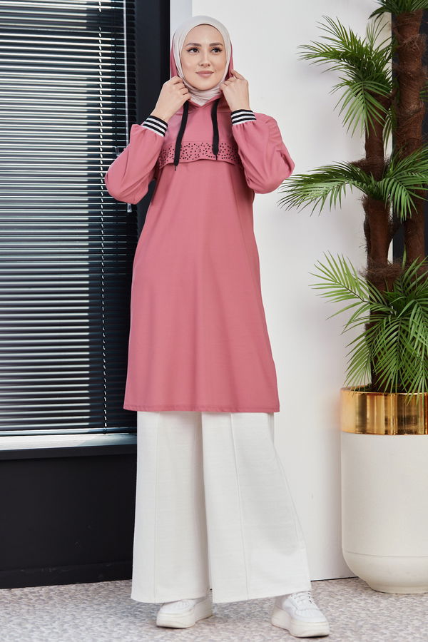 Düz Orta Kadın Pembe KAPSONLU TUNIK - 3750