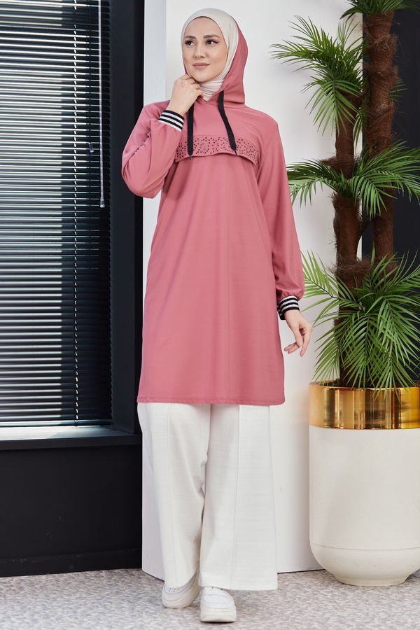 Düz Orta Kadın Pembe KAPSONLU TUNIK - 3750