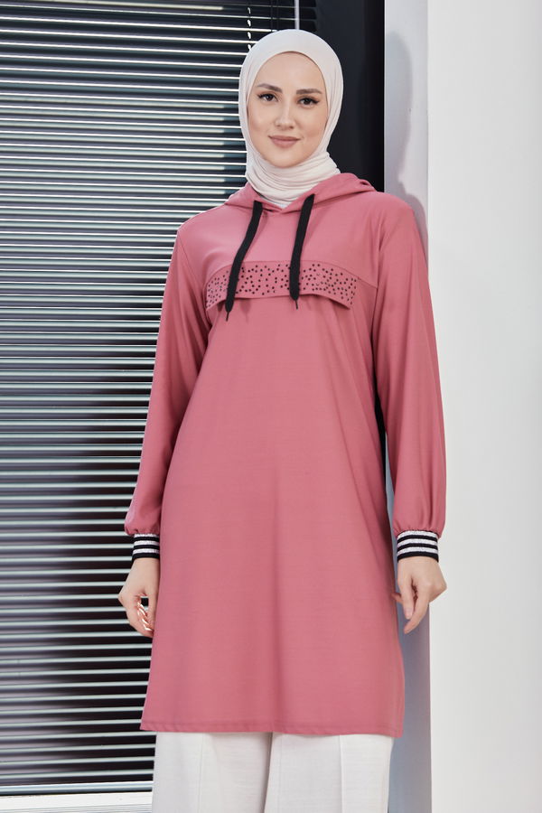 Düz Orta Kadın Pembe KAPSONLU TUNIK - 3750