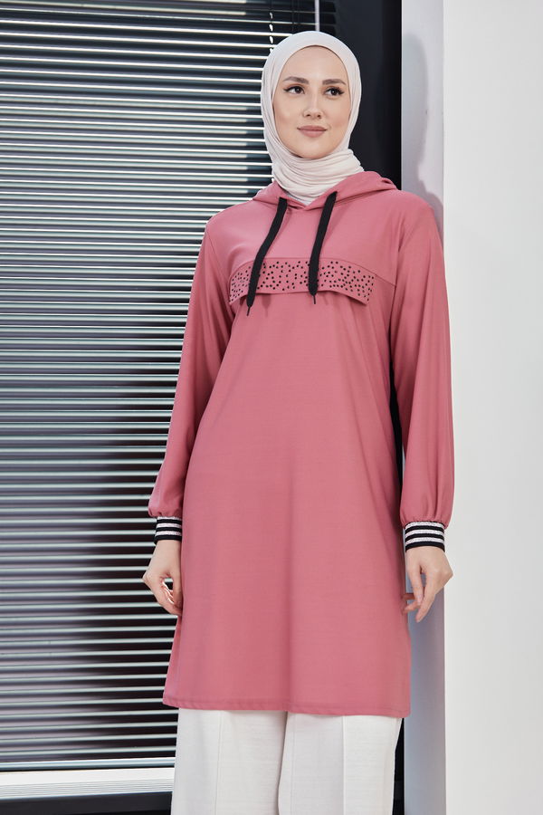 Düz Orta Kadın Pembe KAPSONLU TUNIK - 3750