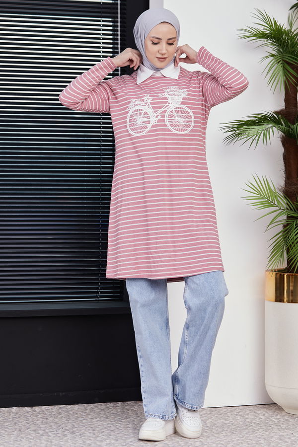 Düz Bisiklet Yaka Kadın Pembe TUNIK - 3721 PEMBE