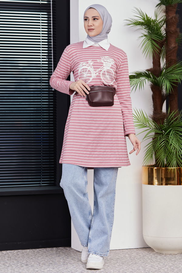 Düz Bisiklet Yaka Kadın Pembe TUNIK - 3721 PEMBE